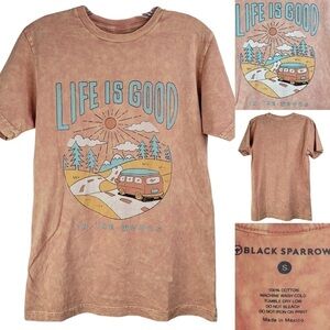 Black Sparrow Graphic Life is good In the Woods Camper T-Shirt Tee Women’s Small